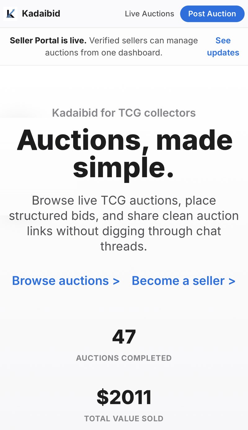 Kadai Bid V1 homepage on a phone: Auctions, made simple, with 47 auctions completed and $2011 total value sold